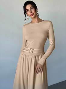 Firerie Women's Elegant Sophisticated Daily Commute New Fashion Round Neck Draped Belt Buckle Decor Long Sleeve A-Line Umbrella Dress, Khaki - Khaki - View 6