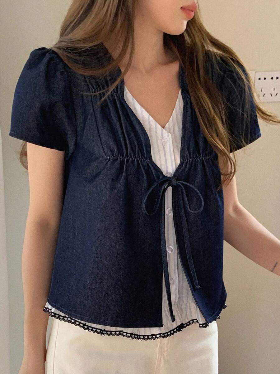 DAZY 女士夏季休闲条纹拼接宽松短袖牛仔衬衫 - 深色水洗藍 - 查看 1