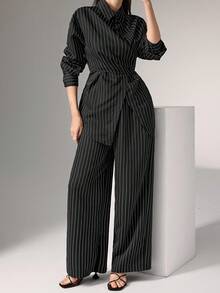 Heiryn Bộ áo sơ mi 2 món bó eo, quấn quanh, phong cách Hàn Quốc, cổ điển, đa năng cho công sở và thường ngày - màu đen - Xem 4