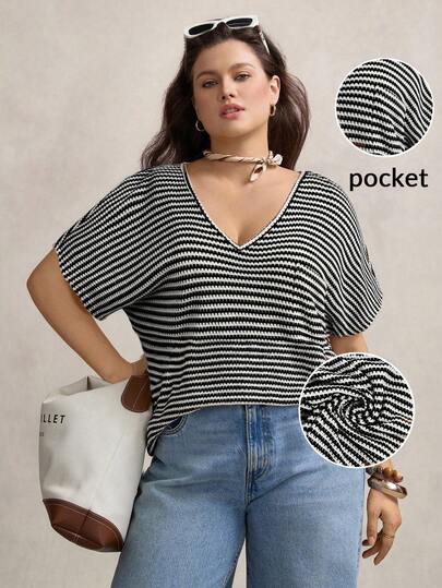 Zelara Plus Size Women's Striped V-Neck Batwing Sleeve Casual T-Shirt Boho Summer Boho Old Money Summer Outfits For Women Spring Break Rave Outfits Festival Spring Break Outfits Stripe Top Plus Size Casual Tops Women Plus Size Tops Plus Size Tops