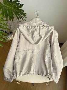 Comfortcana Plus Size Women's Solid Color Drop Shoulder Long Sleeve Zipper Front Drawstring Hooded Jacket, Autumn/Winter,Fall,Back To School Light Jacket Summer Jacket Zip Up Jacket - Apricot - View 2