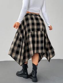 SHEIN EZwear Chân váy midi kẻ caro cổ điển cỡ lớn, viền xếp nếp bất đối xứng, mùa thu/đông - Đen và trắng - Xem 2