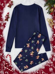 Conjunto de pijama ajustado para adolescentes varones, camiseta de manga larga azul marino con gráfico de hombre de jengibre juguetón, pantalones a juego azul marino con estampado de hombre de jengibre y árbol de Navidad, hecho de tela de punto elástica, perfecto para usar en interiores durante la temporada navideña