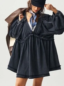 Bohemela Casual Solid Color Knit Loose Women Mini Dress - Black - View 3