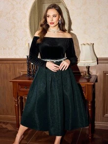 Vintamour Plus Size Women's Off Shoulder Long Sleeve Floral Jacquard Pleated Velvet Midi Dress,Black,Autumn,Elegant,Formal,Evening,Formal Vintage Dark Green - Black - View 5