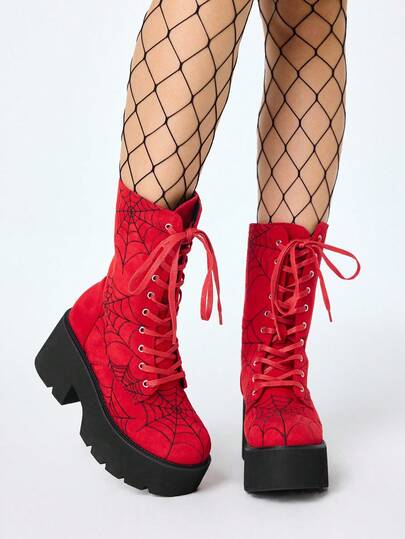 Grunge Punk بوت نسائية بطراز بانك ذات كعب سميك وأربطة وصول إلى منتصف الساق، بوت بوت عالية بتطريز شبكة العنكبوت بطراز جوثيك Y2K، بوت بوت مريحة للحفلات والدراجات النارية والقتال، مناسبة لعيد الهالوين