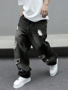 Manfinity EMRG 男士休闲做旧宽松斜口袋牛仔裤，秋季