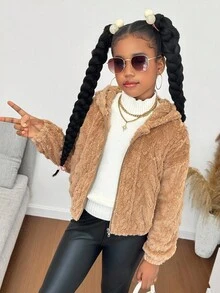 SHEIN Giacca con cappuccio reversibile in colore unito, foderata termicamente, per ragazze pre-adolescenti, adatta per l'autunno/inverno - Cammello - Visualizzare 5