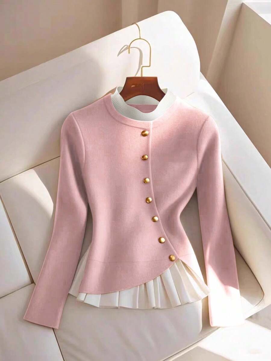 Qadelle Contrast Trim Front Button Closure Elegant Commuter Long Sleeve Sweater - Pink - View 1
