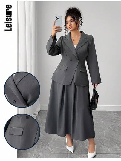 Elenzga 秋季大码女式时尚双排扣腰部收腰灰色西装外套和灰色长款褶皱裙套装