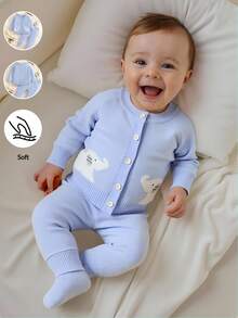 SHEIN 全新秋冬男婴简约卡通大象提花针织开衫和裤子套装 - 舒适、休闲、宽松风格，适合日常穿着和旅行