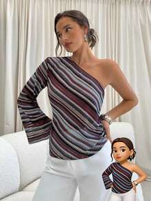 Aloruh Fall Women's Fashion Asymmetric Striped One Shoulder Sleeve Top,  Off Shoulder Design, Fall Women Clothes