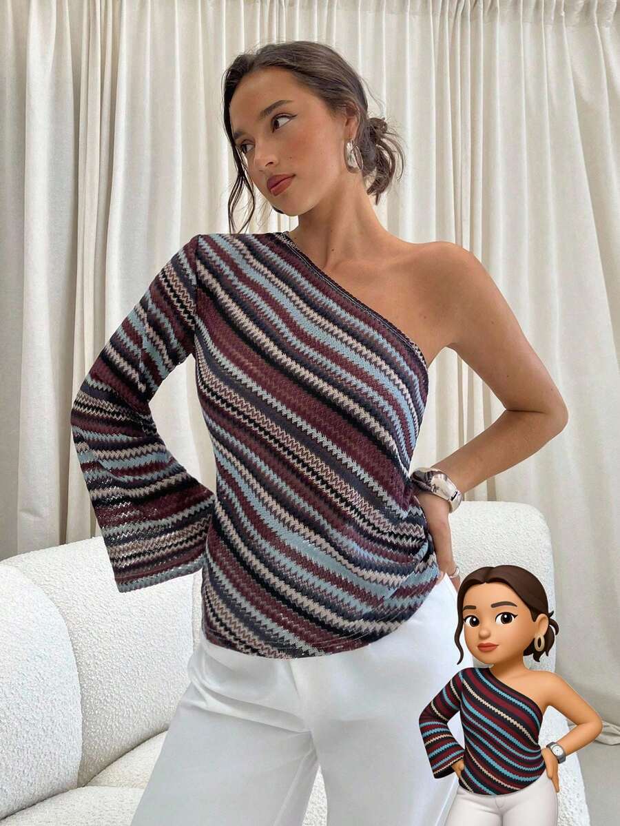 Aloruh Fall Women's Fashion Asymmetric Striped One Shoulder Sleeve Top,  Off Shoulder Design, Fall Women Clothes