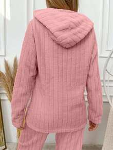 EURMUSE Women's Cartoon Bear Embroidered Fluffy Drawstring Hoodie Sleepwear Top - Dusty Pink - View 2