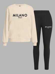 SHEIN 2 件 MILANO 休闲标语字母图案宽松圆领运动衫和紧身打底裤套装，适合春秋季节 - 杏色 - 查看 2