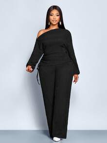 SOLERSUN Plus Size Women Summer Black Winter Smart Casual Dinner Two Pieces Set,Asymmetrical Shoulder Long Sleeve Drawstring Top & Slim  Micro Flared Pants Set - Black - View 5