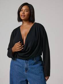 MUSERA Plus Size Cowl Neck Plunge Long Sleeve Chiffon Cropped Top Going Out Spring Summer Holiday - Black - View 1
