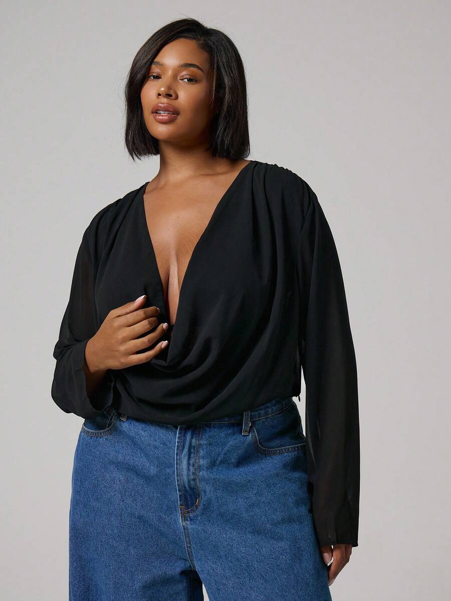 MUSERA Plus Size Cowl Neck Plunge Long Sleeve Chiffon Cropped Top Going Out Spring Summer Holiday - Black - View 1