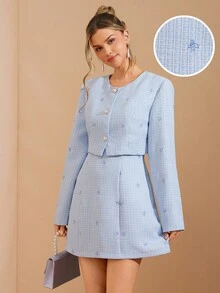 Amorya Women's Elegant Bow Decor Short Jacket And Sleeveless Dress Set, Suitable For Daily Wear And Multiple Occasions, Autumn