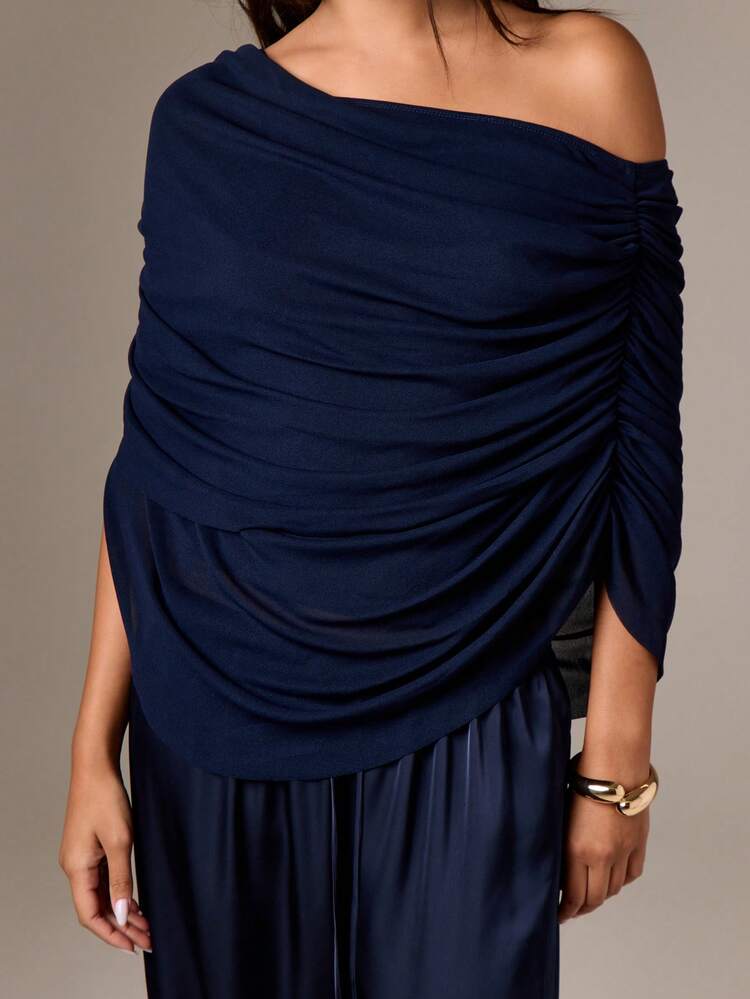 Ruched Draped Off Shoulder Top With Drawstring Sleeves