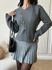 Firerie 女式深 V 领金属纽扣长袖毛衣上衣，日常通勤针织衫，春秋冬新品 - 深灰色 - 查看 8