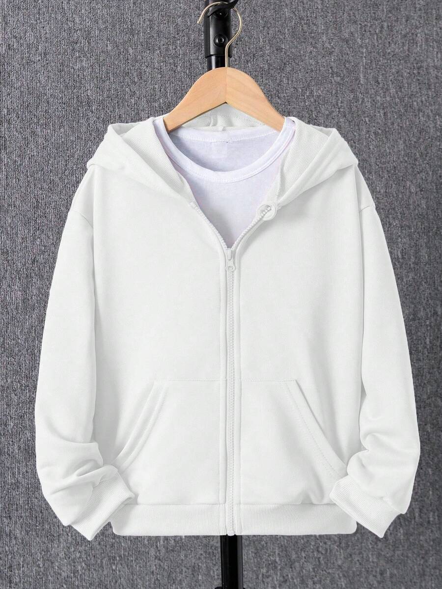 SHEIN 男童纯色长袖拉链卫衣,带口袋,适合秋冬季休闲穿着 - 白色 - 查看 1