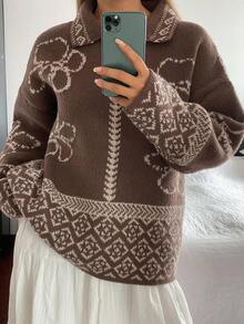 Livesso 女士宽松休闲度假时尚花卉几何图案高领针织毛衣，适合秋冬季 - 棕色 - 查看 2