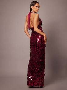 Silquee 优雅亮片修身挂脖露背女式长裙 - 紅色 - 查看 3