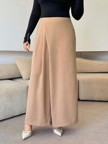 Modelyn Wide Leg Pants, Loose & Comfortable, Flattering, Versatile, Asymmetric Hem, Long, Plus Size - Khaki - View 3