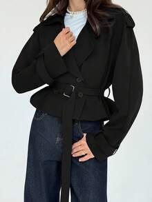 Aloruh Áo khoác trench coat cổ ve trơn màu tay dài, cài hai hàng khuy đơn giản dành cho nữ, mùa thu - màu đen - Xem 8