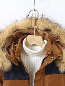 Young Boy New Colorblock Hooded Long Sleeve Padded Coat, Thick Padded Design With Quality Insulation To Keep Warm. Hooded Style Protects Child's Head And Neck, Practical And Fashionable Colorblock Design With Childlike Charm, Suitable For School, Outings, Vacations And More Fall Winter - Multicolor - View 5