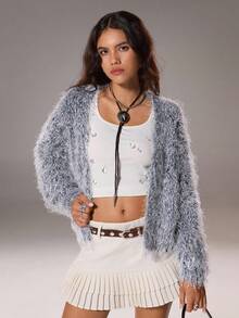SHEIN LUNE Avslappnad fluffig kofta med blandad fiber, lämplig för höst och vinter - Multifärgad - Visa 5