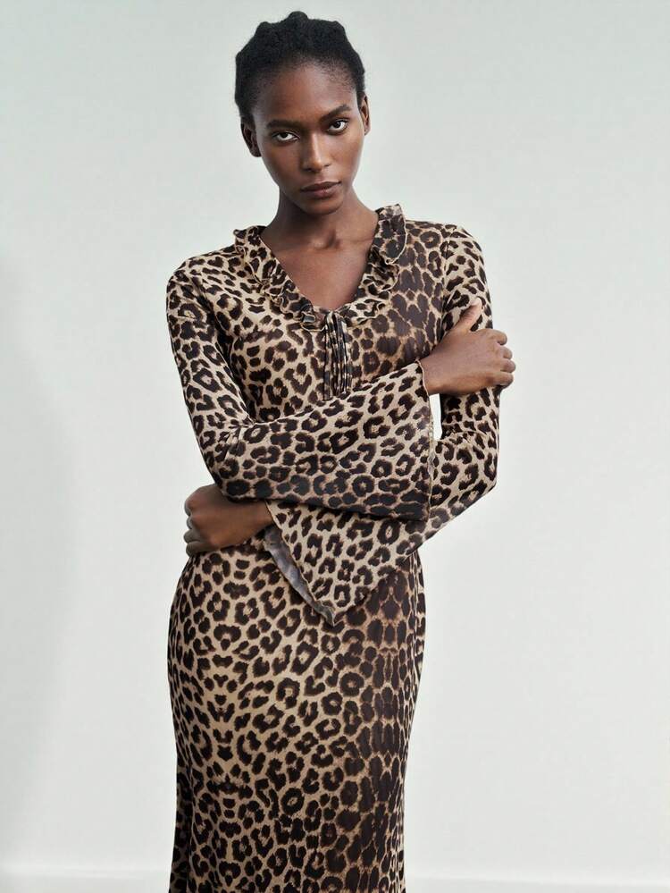 SHEIN Maija Women's Fashionable Commuter Leopard Print Flare Sleeve Dress, Leopard Dress, Brown Dress,Fall Clothes For Women,Cheetah Print