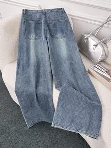 Comfortcana 女士休闲水洗宽松直筒牛仔裤 - 中等水洗藍 - 查看 2