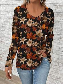 EMERY ROSE Plus Size Women Vintage Maple Leaf Print V-Neck Long Sleeve Loose T-Shirt, Fall And Winter - Multicolor - View 4