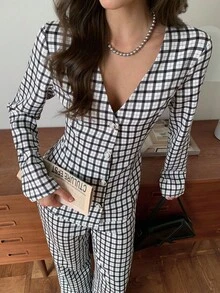 Elyressa 2 piezas Conjunto de pantalón y blusa de manga larga con botones a cuadros para mujer - Negro - Ver 5