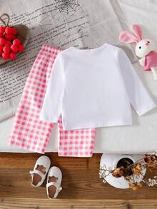 SHEIN Setelan 2 Potong Baju Bayi Perempuan Motif Ceri dan Celana Kotak-kotak untuk Musim Gugur dan Musim Dingin - Berwarna merah muda - View 2