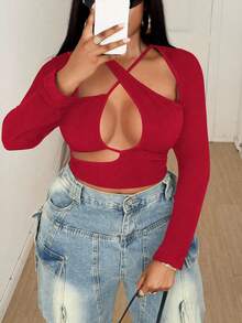 Maweii Sexy Damen Oversize T-Shirt mit asymmetrischem Kreuzausschnitt und Langarm - Bordeaux - Übersicht 5