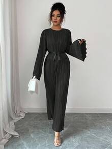 Selianne Robe midi élégante pour femme de taille standard avec manches évasées, design de ceinture plissée à la taille - Noir - Voir 5