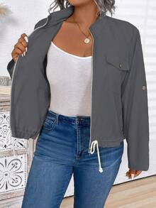 Plus Size Women Solid Color Casual Fashion Short Drawstring Hem Jacket - Grey - View 6