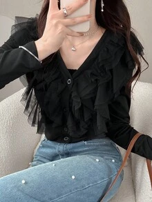 FRIFUL 女式黑色纯色 V 领褶皱分层网眼装饰长袖修身百搭 T 恤，秋季 - 黑色 - 查看 3
