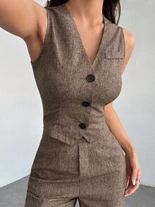 EMERY ROSE Casual Sleeveless Open Front Vest And Relaxed Pants Set In Fall/Winter - Brown - View 7