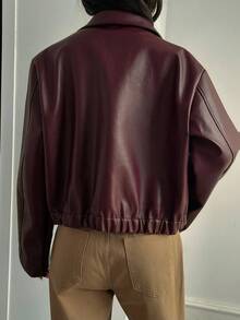 Livesso Women's Loose Casual Faux Leather Jacket, Autumn/Winter Women Coats - Burgundy - View 2