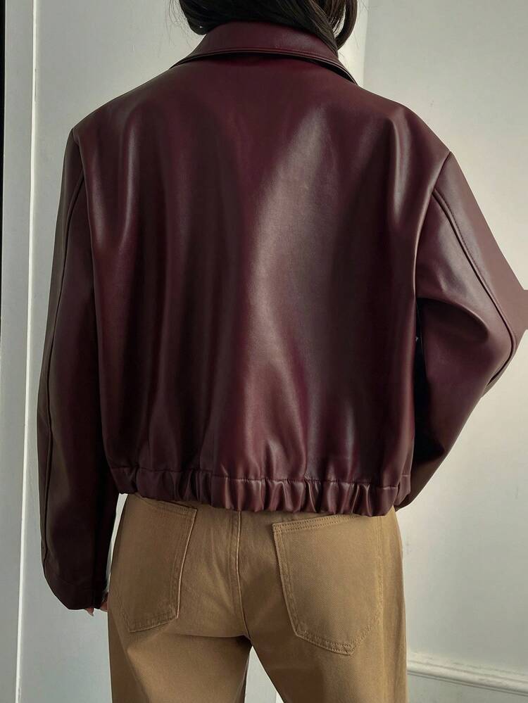 Women's Loose Casual Faux Leather Jacket, Autumn/Winter Women Coats - Burgundy - View 2