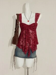 SHEIN ICON 女士花卉纹理无袖背心，深红色蕾丝上衣，适合感恩节和圣诞节穿着。 - 紅色 - 查看 5