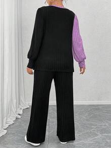 EMERY ROSE 加大码圆领长袖柔软针织罗纹拼色不对称拼接上衣和柔软针织罗纹直筒裤休闲家居服两件套 - 彩色 - 查看 2