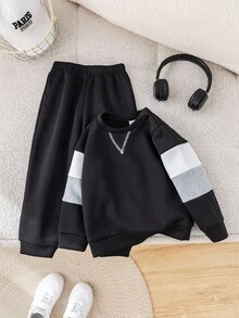 SHEIN 2件套男童休闲宽松长袖连帽卫衣套装，适合秋冬季穿着 - 黑色 - 查看 7