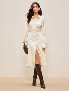 BizChic 2025秋冬新款杏色领口腰部褶裥前襟纽扣缎面衬衫裙，复古现代优雅都市通勤日常百搭浪漫休闲90年代圣诞新年女装，感恩节派对海滩毕业典礼时尚潮流，适合婚礼宾客、主人、约会、派对、音乐会、早午餐、机场等多种场合。 - 杏色 - 查看 5