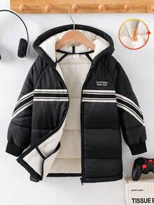 SHEIN Kurtka chłopięca, luźna, średniej długości, swobodna, zapinana na zamek błyskawiczny z przodu, gruba, ocieplana, czarna, odpowiednia na zimę, wakacje, na zewnątrz i w śnieżną pogodę