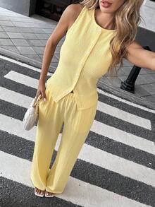 SHEIN LUNE 2pcs Women Set Lemon Yellow Solid Color Sleeveless Top & Pocketed Long Pants